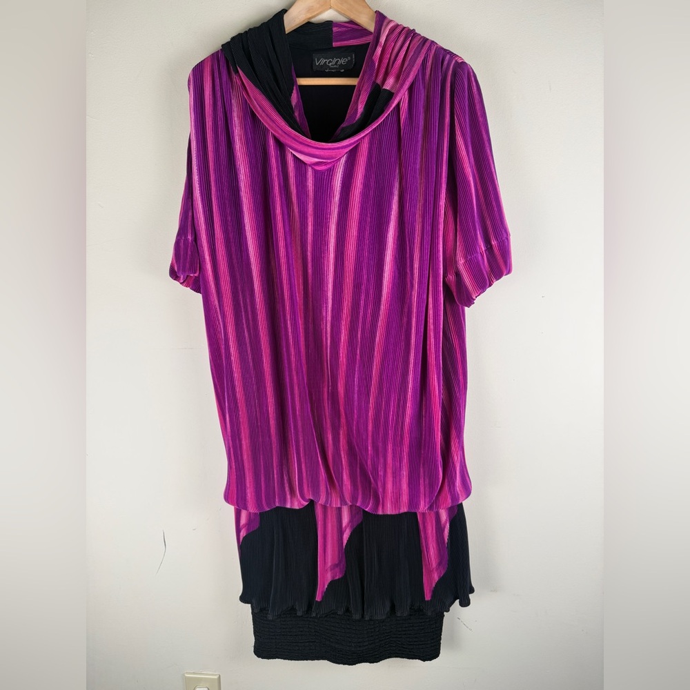 VINTAGE VIRGINIE Paris MICRO PLEATED TIERED DRESS with COWL NECKLINE Mint !!
